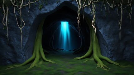 Dark Mossy Cave Tunnel with Blue Light Beam and Tree Roots