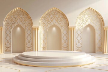 Obraz premium Elegant, cream-toned room with arches, gold detailing, and a round platform