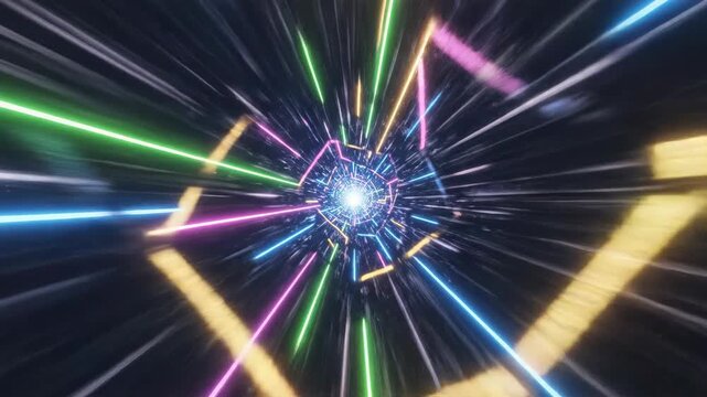 Dynamic and fast seamless looping tunnel of vibrant neon lines creating an intense, kinetic, radiant energy perspective shift movement, computergenerated, abstract