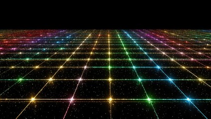 Illuminated grid with multicolored lights and tiny specks against a vast black background