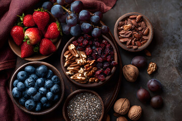 Obraz premium Colorful assortment of fresh fruits, nuts, and seeds arranged on a dark surface