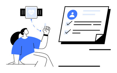 Female sitting with smartwatch displaying heart rate, connected to checklist with progress ticks. Ideal for health tracking, productivity, fitness, goal planning, self-care, wearables, wellness