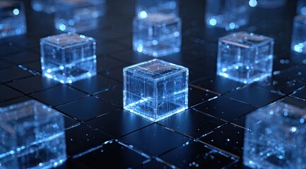 Transparent blue cubes float above tiled dark surface