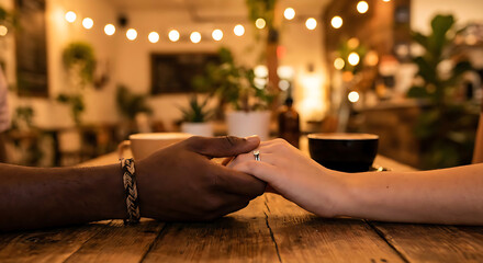 Close-up of an interracial couple holding hands in a cozy armchair, wedding ring on finger, romantic atmosphere with garlands and plants, horizontal format