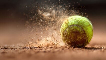 Tennis ball hitting clay court, kicking up dust in a dynamic action shot