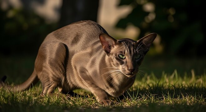 Brown cat crouching on green grass outdoors.