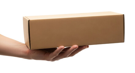 Hand holding a simple cardboard box isolated with a transparent background