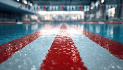 Close-up of swimming lane markers in a competition pool, shallow depth of field