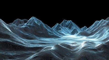 Blue wireframe landscape mountains, valley, horizon against a black sky