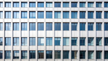 Obraz premium A symmetrical office building facade with repeating windows, neutral tones and a clean editorial architectural style.