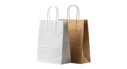 Two paper shopping bags one white and one brown on transparent background