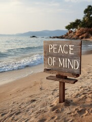 peace of mind wooden sign with a beach on background  no logos no brands ar 34