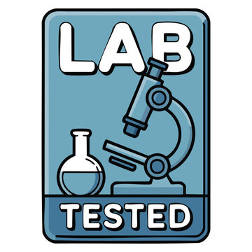 Lab tested stamp in rounded rectangle vector illustration featuring microscope and laboratory flask inside isolated design element for quality and science themes