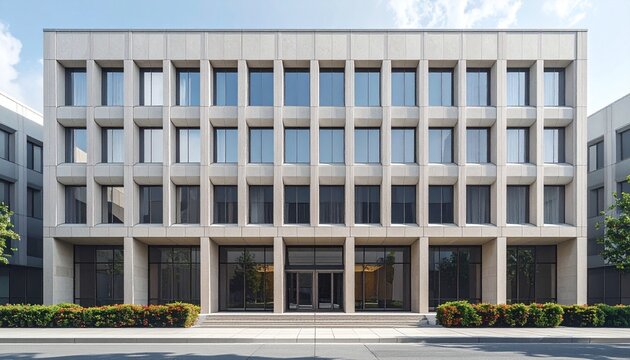 A symmetrical office building facade with repeating windows, neutral tones and a clean editorial architectural style.
