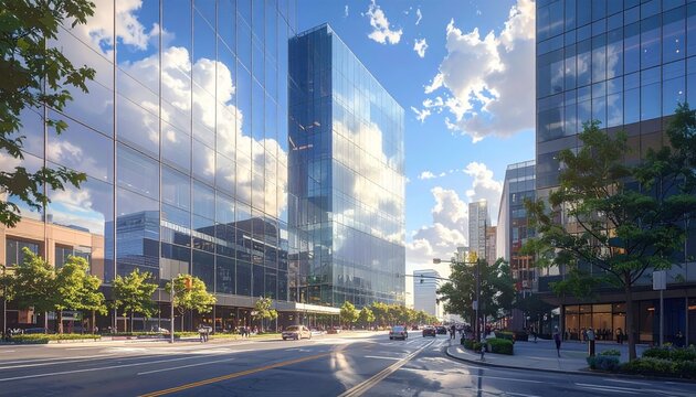 A downtown office building viewed from street level with vertical lines, soft cloud reflections and modern business mood.
