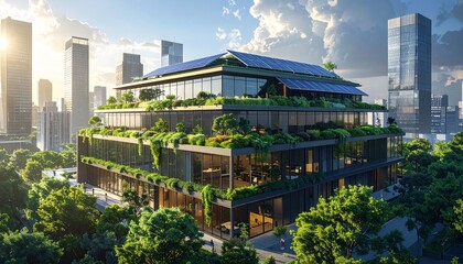 Obraz premium A sustainable office building with green terraces, solar panels, glass walls and warm natural light in an urban environment. 