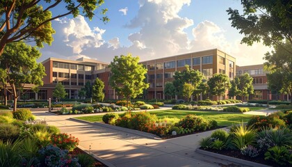 Naklejka premium A calm corporate campus with low-rise office buildings, green courtyards, warm daylight and a balanced professional environment. 