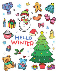 Merry Christmas and winter season doodle element vector. Hand drawn winter and holiday elements. The collection includes a happy snowman, decorated Christmas tree, teddy bears, gingerbread man, gifts,