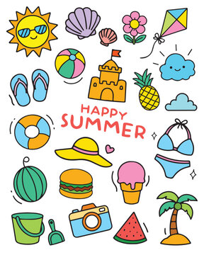 Summer Doodles Set, Cute Hand Drawn Beach Icon, Colorful Summer Elements Flat Vector Illustration  isolated on white background