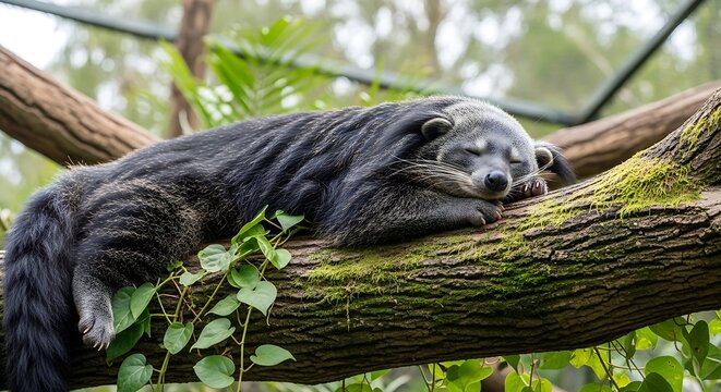 Binturong resting on a tree branch in a zoo.