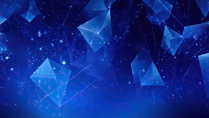 Glowing geometric shapes float within a blue gradient, connected by lines and scattered sparkles