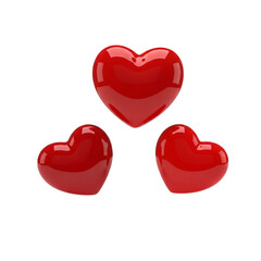 Fototapeta premium Three shiny red hearts on a transparent background for love concepts