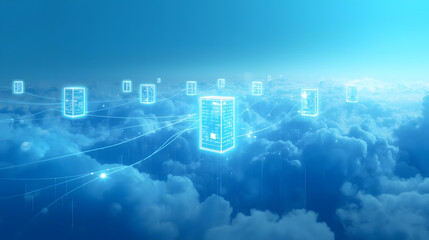 Futuristic cloud computing network with glowing servers and connections