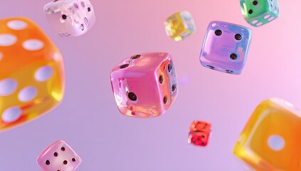 Colorful translucent dice of various sizes tumble and float against a soft pink background