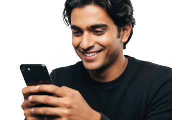 Man smiling while looking at his phone, isolated on transparent background