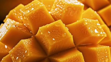 A closeup shot of vibrant ripe mango cubes glistening as sweet golden syrup is generously poured over the freshly cut tropical fruit highlighting its juicy texture and delicious appeal perfect for he.