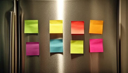 Colorful notes adorn a brushed metal refrigerator door, reflecting light