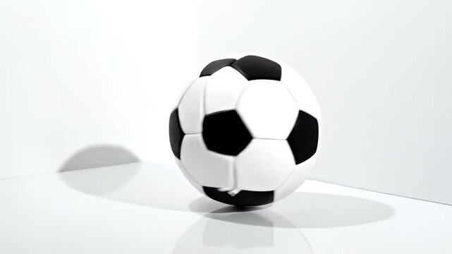 A soccer ball, black and white, resting in a bright corner with a sharp shadow