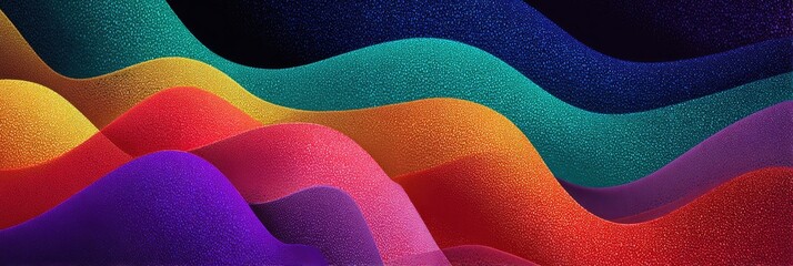 A vibrant abstract composition with layered, undulating forms and a spectrum of saturated colors