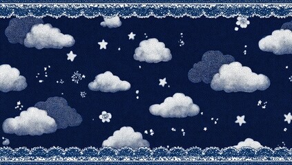 Whimsical night sky with fluffy clouds, stars, and floral accents