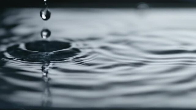 Extreme macro slow motion capture of clear liquid droplets falling onto a still water surface creating perfectly circular, expanding rings of visual rhythm drop falling, subtle action, physics
