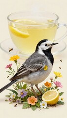 Lemon Tea Background with Wagtail Bird and Minimal Bee Border