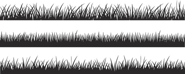Grass border silhouette set, seamless wild lawn edges, natural meadow grass strips, landscape design elements, botanical nature illustration