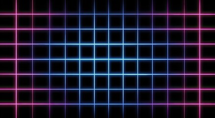 Glowing neon grid with a gradient of pink to blue against a black background