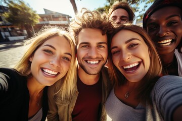 Fototapeta premium Group of cheerful multi ethnic students taking a selfie together on a sunny day on campus