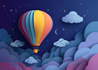 Colorful hot air balloon in a starry night sky, paper cut style