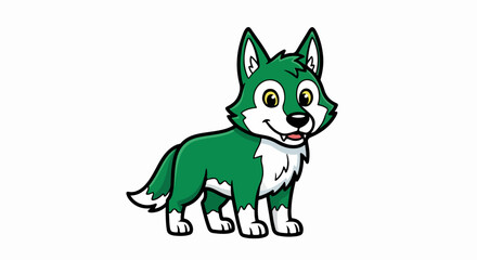 Cartoon wolf with green fur and white markings standing on a white background.