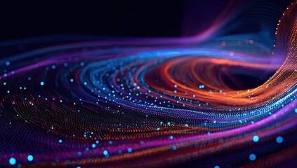 A swirling, abstract digital artwork with flowing lines of light and bokeh effect