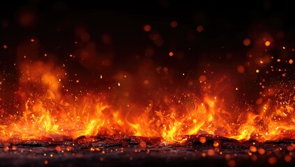 Intense flames erupting with glowing embers and particles against darkness