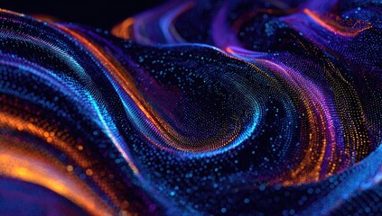 Abstract wavy texture with digital dots in shades of orange, blue, and purple against a dark backdrop