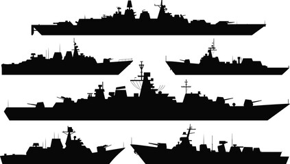 Modern warship silhouette collection, military navy destroyer cruiser battleship shapes, maritime defense vector illustration isolated on white background © Creative Asif
