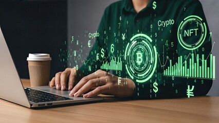 Business professional working on laptop with cryptocurrency graphics, showcasing digital assets, NFT trends, and financial growth in a modern workspace environment