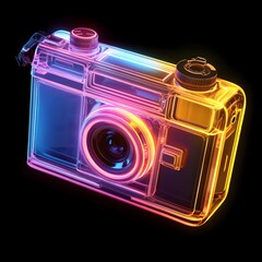 A transparent camera with glowing neon outlines against a black background.