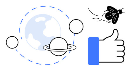 Space concept. Earth surrounded by orbiting planets and Saturn celestial while a bug and thumbs-up icon suggest dynamic activity. For science, social media, creativity, technology, humor © robu_s