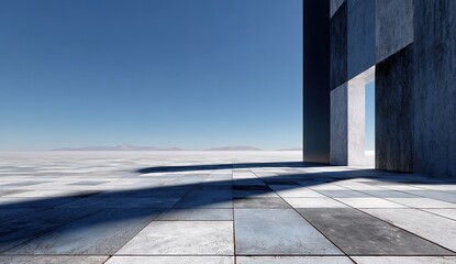 Stark geometric structure opens to vast, sunlit, desolate plain under clear sky