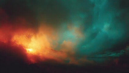 Dramatic celestial display, a fiery sunrise battling turquoise clouds and ominous shadows